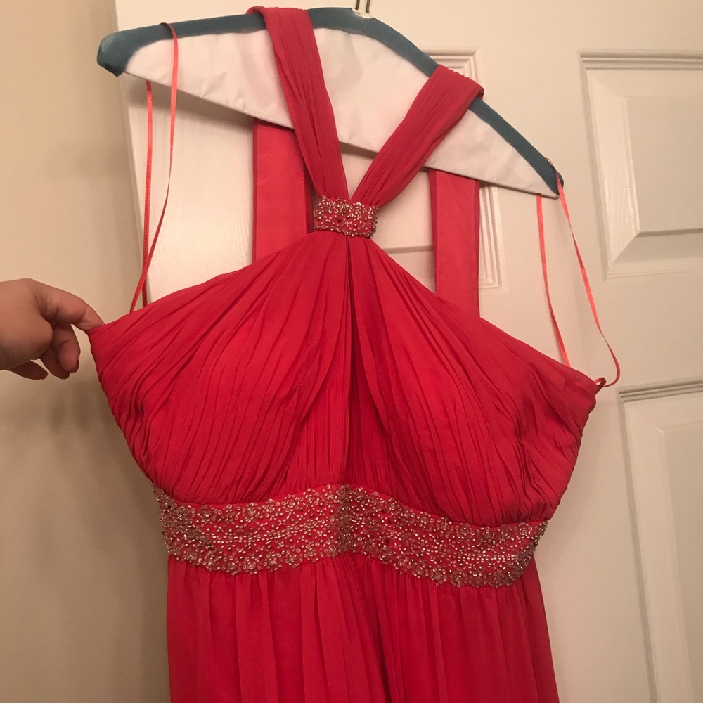 JS Boutique coral chiffon floor length gown